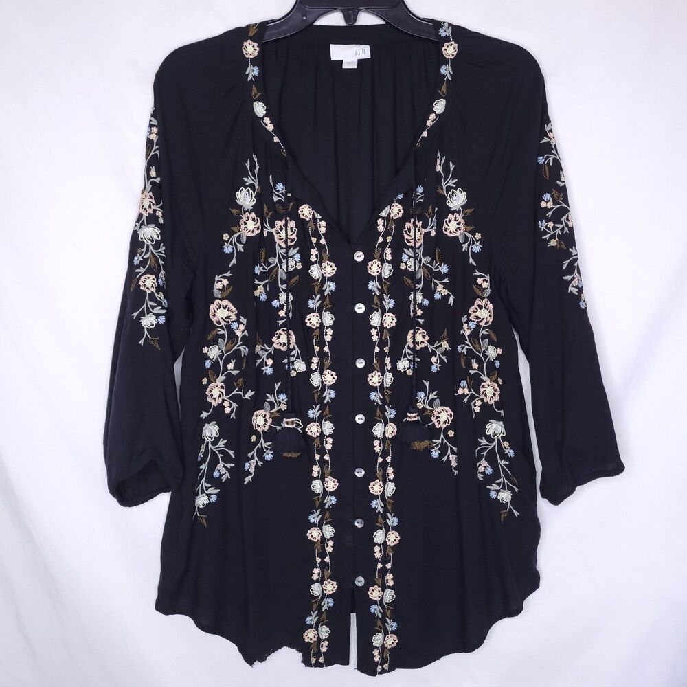 J Jill Blouse Medium Black Floral Embroidered 3/4 Sleeve Tunic Peasant